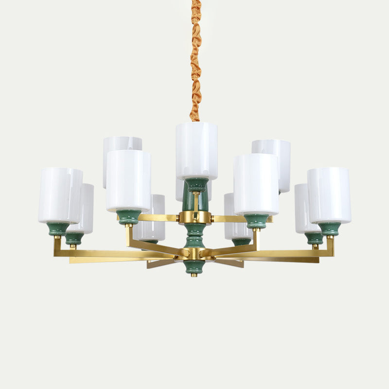 Retro Emerald White Glass Cylindrical Chandelier - Suspended Lighting Fixture with 3/8/12 Lights