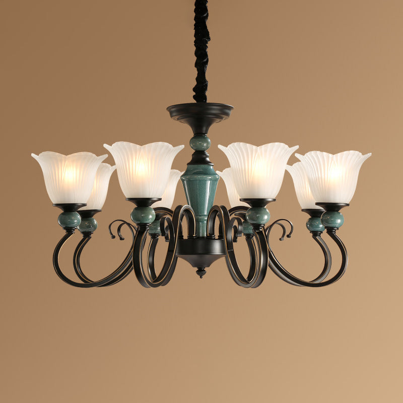 Farmhouse Blossom Up Chandelier - 3/8/12 Frosted Ribbed Glass Ceiling Hang Lights in Blackish Green