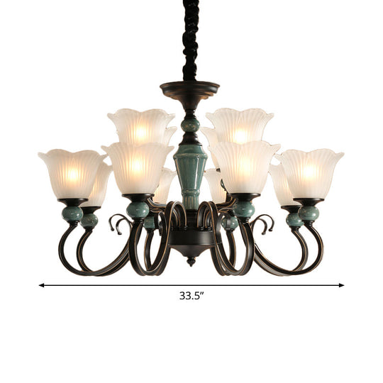 Farmhouse Blossom Up Chandelier - 3/8/12 Frosted Ribbed Glass Ceiling Hang Lights in Blackish Green