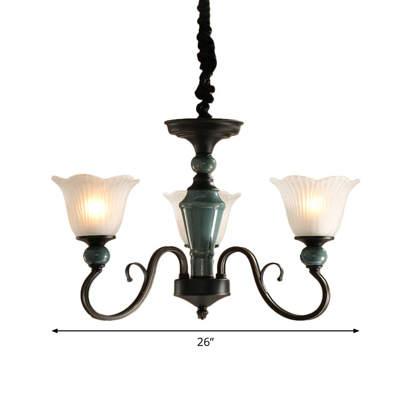 Farmhouse Blossom Up Chandelier - 3/8/12 Frosted Ribbed Glass Ceiling Hang Lights in Blackish Green