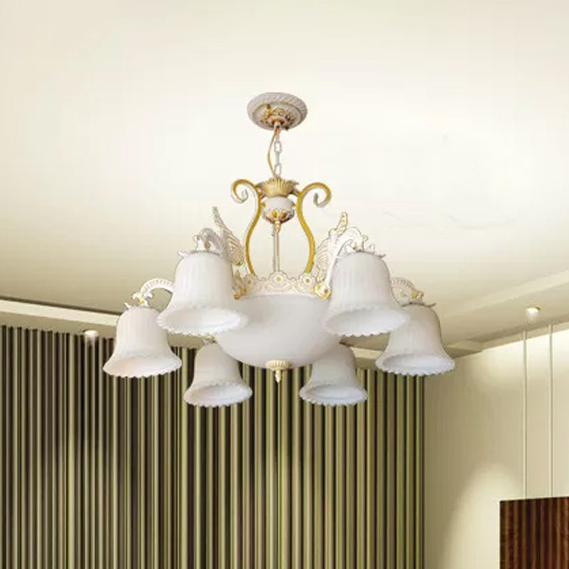 Vintage 9-Bulb Ribbed Milk Glass Carillon Hanging Lamp in White-Gold - Perfect Living Room Chandelier