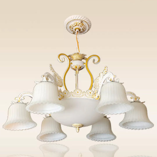 Vintage 9-Bulb Ribbed Milk Glass Carillon Hanging Lamp in White-Gold - Perfect Living Room Chandelier