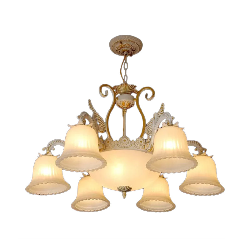 Vintage 9-Bulb Ribbed Milk Glass Carillon Hanging Lamp in White-Gold - Perfect Living Room Chandelier