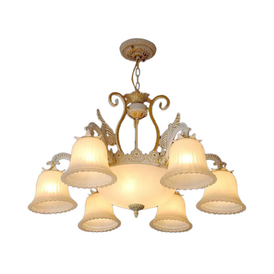 Vintage 9-Bulb Ribbed Milk Glass Carillon Hanging Lamp in White-Gold - Perfect Living Room Chandelier