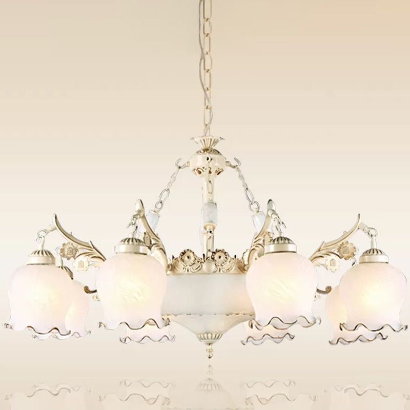 Traditional White Glass Chandelier - Flower Bud Design | Dining Room Drop Lamp, 11 Lights