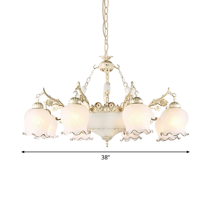 Traditional White Glass Chandelier - Flower Bud Design | Dining Room Drop Lamp, 11 Lights
