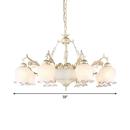 Traditional White Glass Chandelier - Flower Bud Design | Dining Room Drop Lamp, 11 Lights