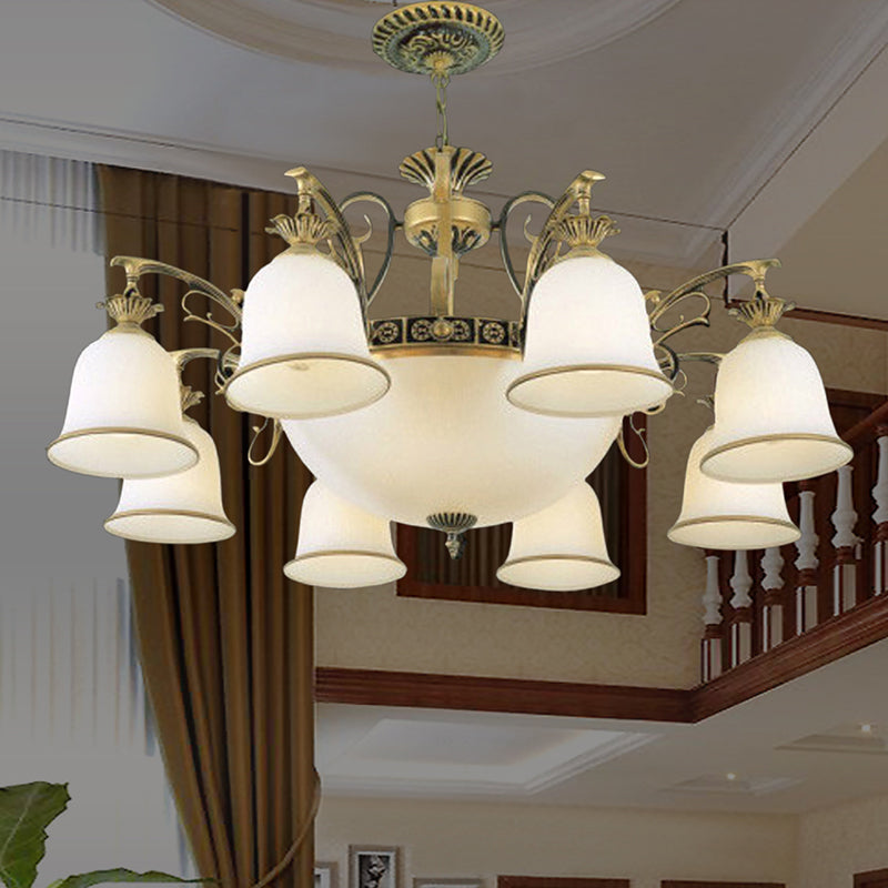 Rustic Carillon Chandelier Lighting - 11-Head White Glass Fixture in Brass