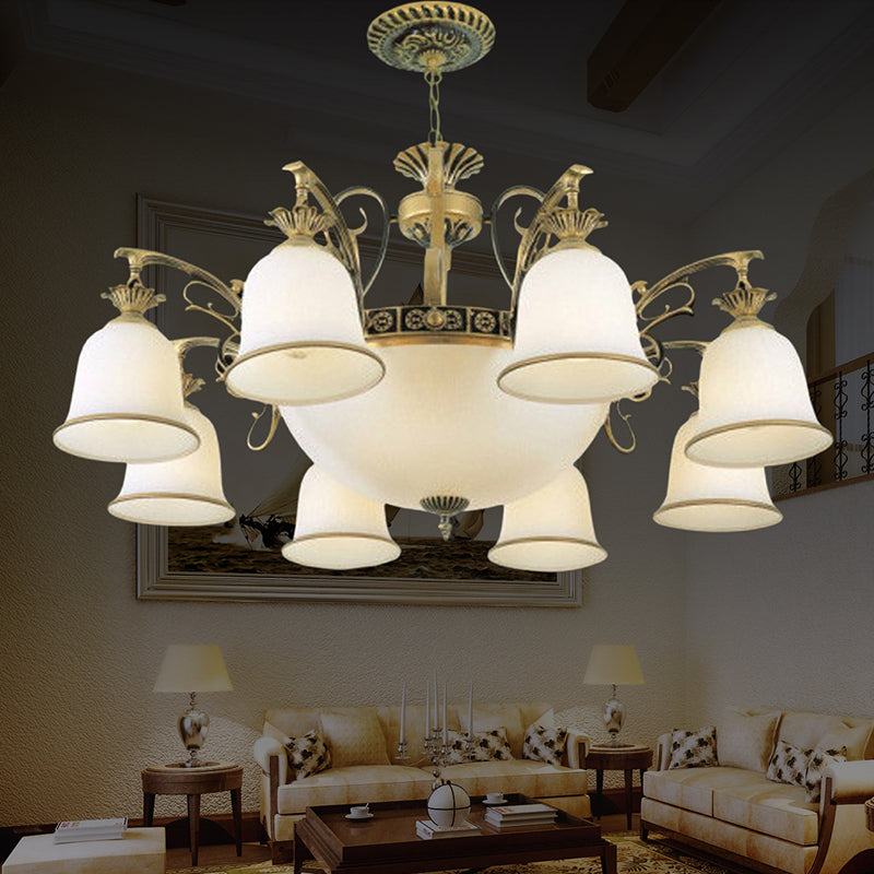 Rustic Carillon Chandelier Lighting - 11-Head White Glass Fixture in Brass