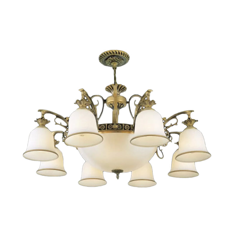 Rustic Carillon Chandelier Lighting - 11-Head White Glass Fixture in Brass