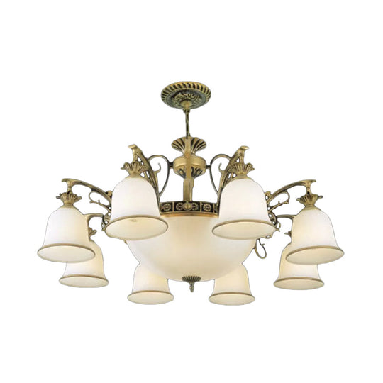 Rustic Carillon Chandelier Lighting - 11-Head White Glass Fixture in Brass