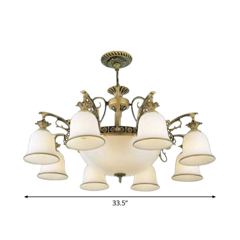 Rustic Carillon Chandelier Lighting - 11-Head White Glass Fixture in Brass