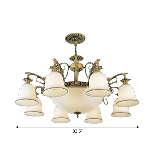 Rustic Carillon Chandelier Lighting - 11-Head White Glass Fixture in Brass