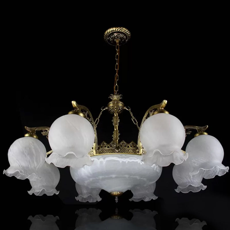 Farmhouse Bronze Chandelier with 11 Ruffled Down Bulbs and White Glass Ceiling Light