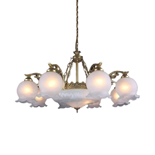 Farmhouse Bronze Chandelier with 11 Ruffled Down Bulbs and White Glass Ceiling Light