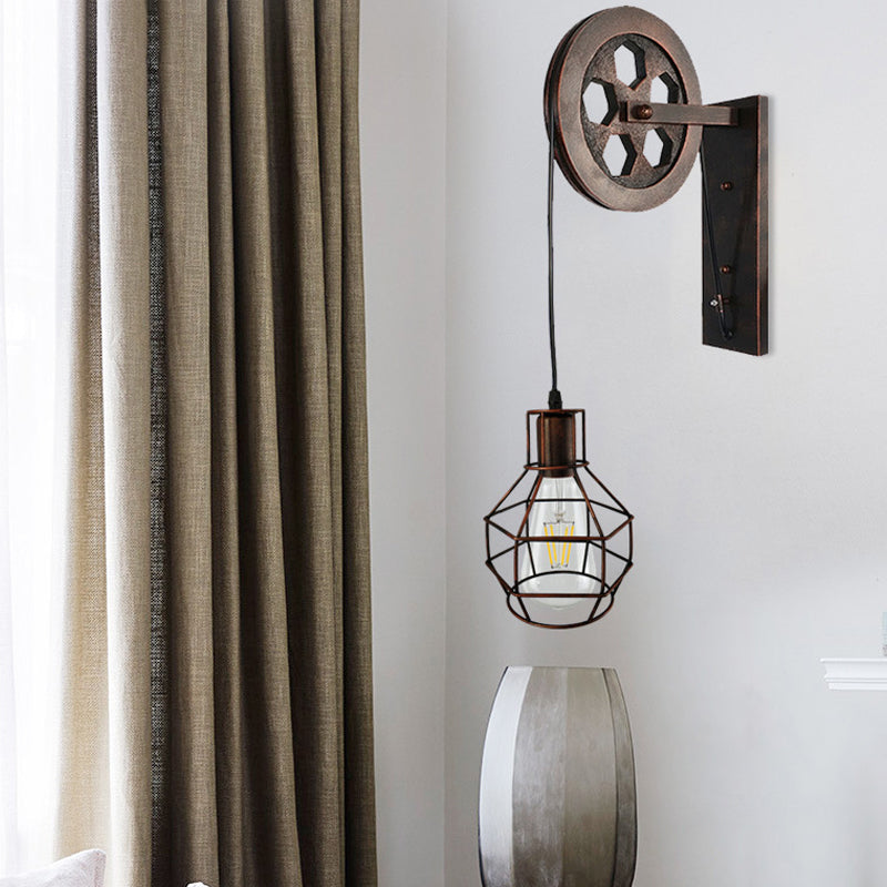 Antique Black Single Pulley Wall Light - Industrial Iron Wire Cage for Restaurant Lighting