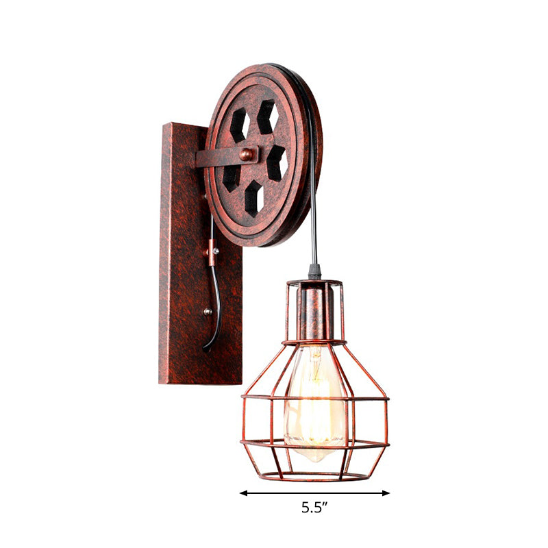 Farmhouse Iron Pulley Wall Light in Rust Red - 1-Light Ball Cage Fixture