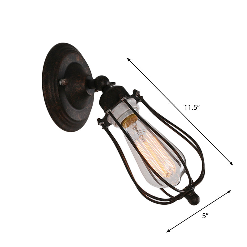 Rustic Iron Farmhouse Wall Lamp - Pear Shape, Single-Bulb Bedside Light Kit - Rotatable Fixture