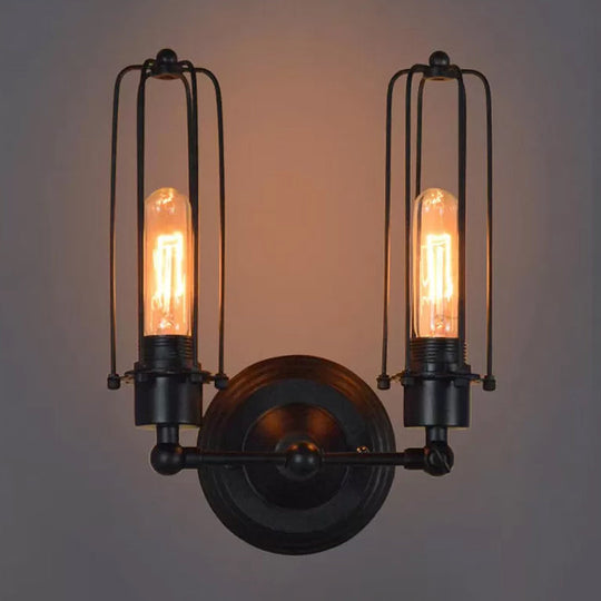 Industrial Bedroom Wall Lamp with 1/2-Head Rotatable Design, Tube Metal Cage, Black Finish
