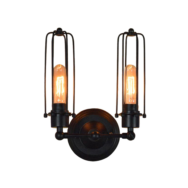 Industrial Bedroom Wall Lamp with 1/2-Head Rotatable Design, Tube Metal Cage, Black Finish