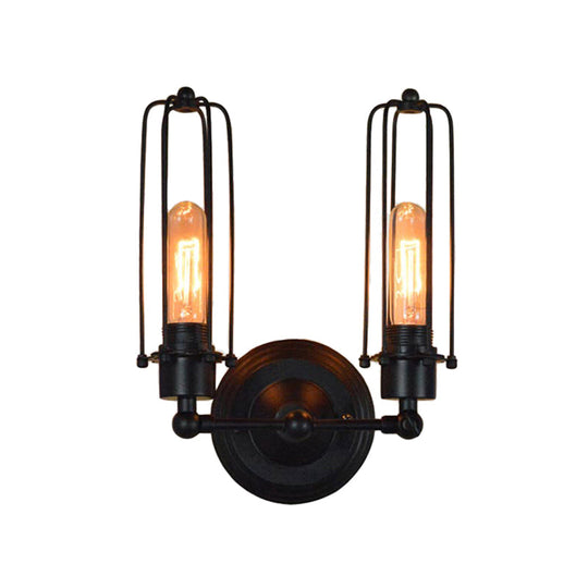 Industrial Bedroom Wall Lamp with 1/2-Head Rotatable Design, Tube Metal Cage, Black Finish