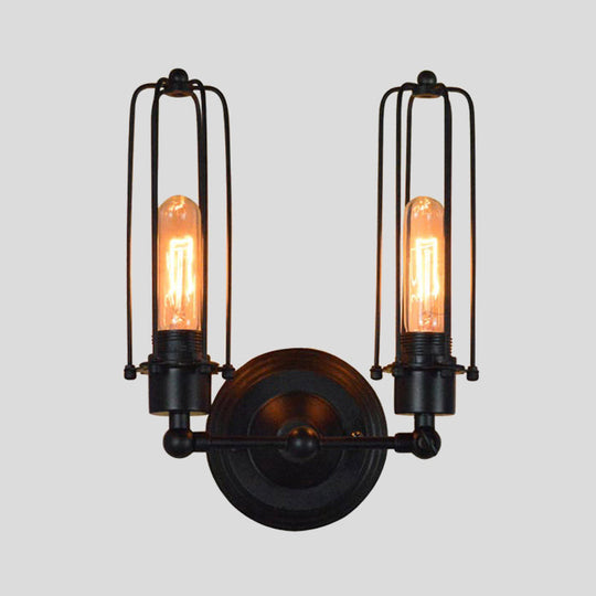 Industrial Bedroom Wall Lamp with 1/2-Head Rotatable Design, Tube Metal Cage, Black Finish