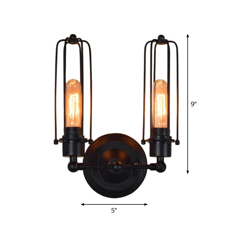 Industrial Bedroom Wall Lamp with 1/2-Head Rotatable Design, Tube Metal Cage, Black Finish