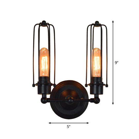 Industrial Bedroom Wall Lamp with 1/2-Head Rotatable Design, Tube Metal Cage, Black Finish