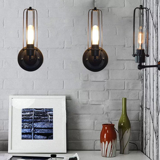 Industrial Bedroom Wall Lamp with 1/2-Head Rotatable Design, Tube Metal Cage, Black Finish