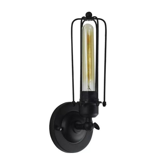 Industrial Bedroom Wall Lamp with 1/2-Head Rotatable Design, Tube Metal Cage, Black Finish