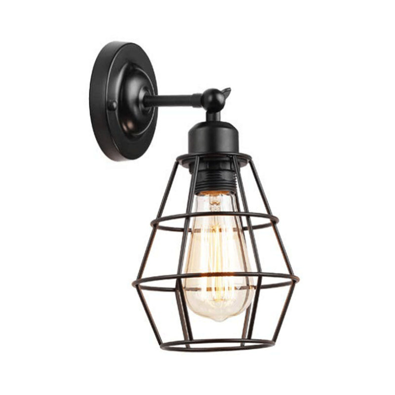 Rustic Iron Wire Cage Rotating Wall Lamp with 1 Light for Bedroom Reading - Black (With/Without Switch)