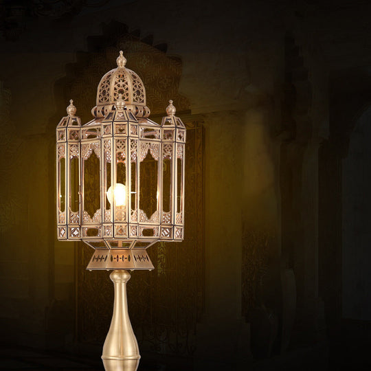 Turkish Brass Metal Lantern Floor Light - 1-Bulb Mosque Dome Stand Up Lamp for Living Room