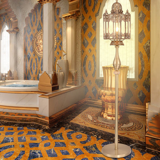 Turkish Brass Metal Lantern Floor Light - 1-Bulb Mosque Dome Stand Up Lamp for Living Room