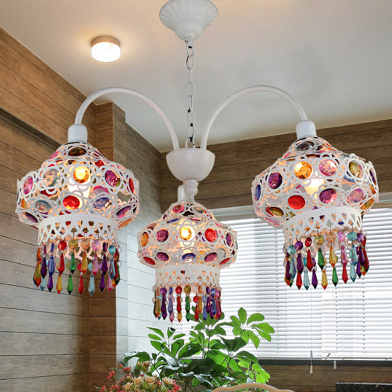 Turkish Beaded Lantern Chandelier - 3 Head, White/Red Acrylic, Hollowed-out Ceiling Light for Dining Room