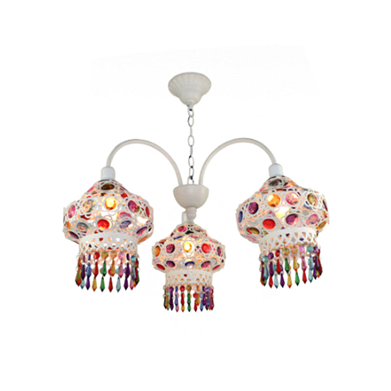 Turkish Beaded Lantern Chandelier - 3 Head, White/Red Acrylic, Hollowed-out Ceiling Light for Dining Room