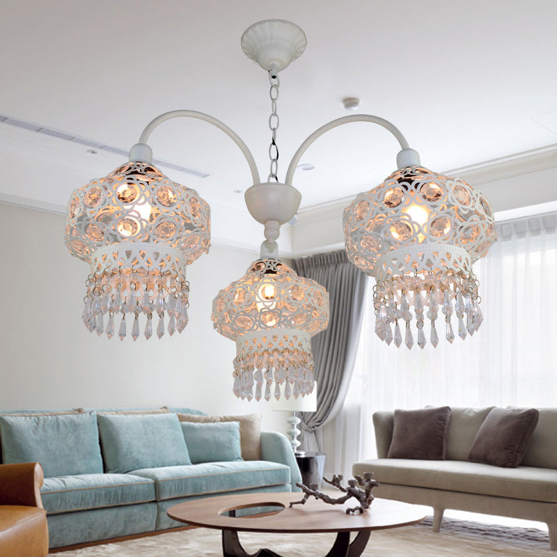 Turkish Beaded Lantern Chandelier - 3 Head, White/Red Acrylic, Hollowed-out Ceiling Light for Dining Room