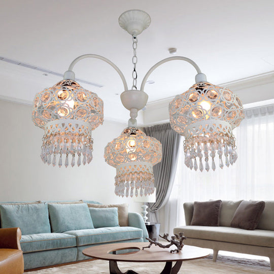 Turkish Beaded Lantern Chandelier - 3 Head, White/Red Acrylic, Hollowed-out Ceiling Light for Dining Room