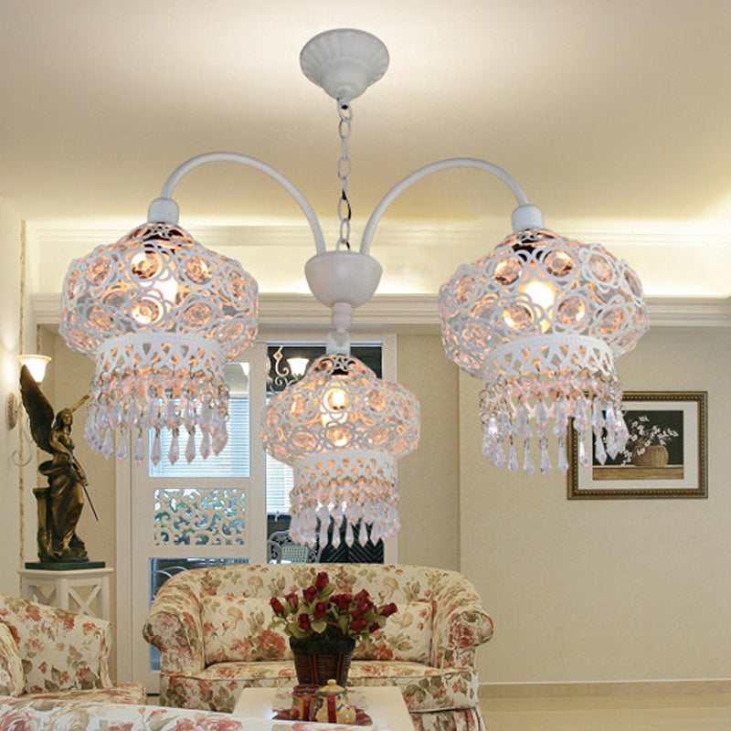 Turkish Beaded Lantern Chandelier - 3 Head, White/Red Acrylic, Hollowed-out Ceiling Light for Dining Room