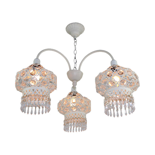 Turkish Beaded Lantern Chandelier - 3 Head, White/Red Acrylic, Hollowed-out Ceiling Light for Dining Room