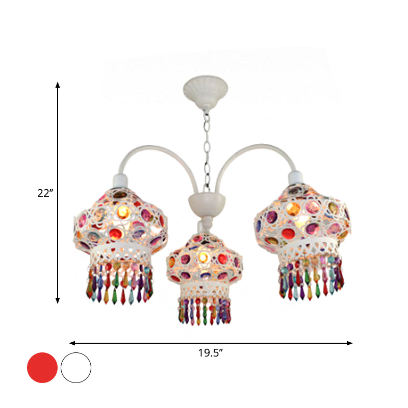 Turkish Beaded Lantern Chandelier - 3 Head, White/Red Acrylic, Hollowed-out Ceiling Light for Dining Room
