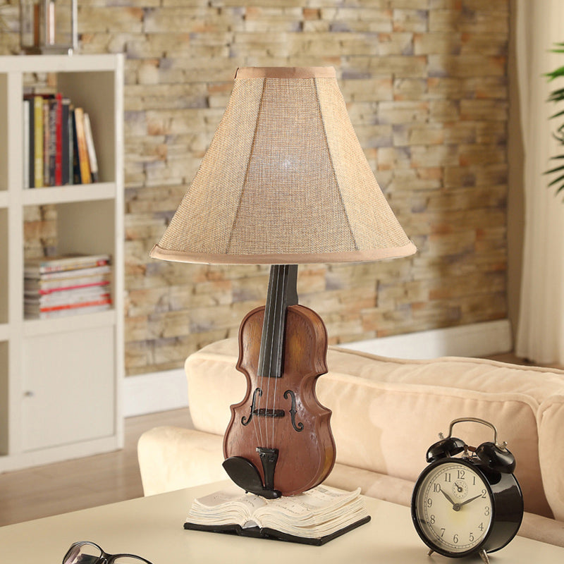 Kids Beige Reading Light: Living Room Flared Shade Desk Lamp with Violin Base Resin - 1 Head
