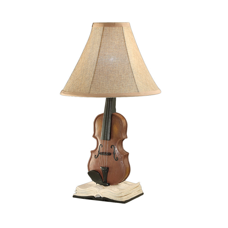Kids Beige Reading Light: Living Room Flared Shade Desk Lamp with Violin Base Resin - 1 Head