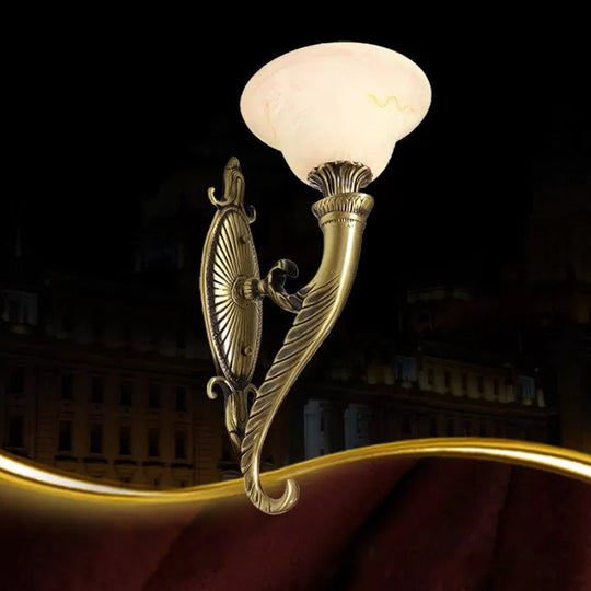 Traditional Bronze Wall Lamp with Scroll Arm, Bell White Glass Shade - Kitchen Light Fixture