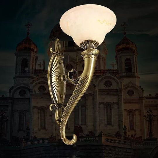 Traditional Bronze Wall Lamp with Scroll Arm, Bell White Glass Shade - Kitchen Light Fixture