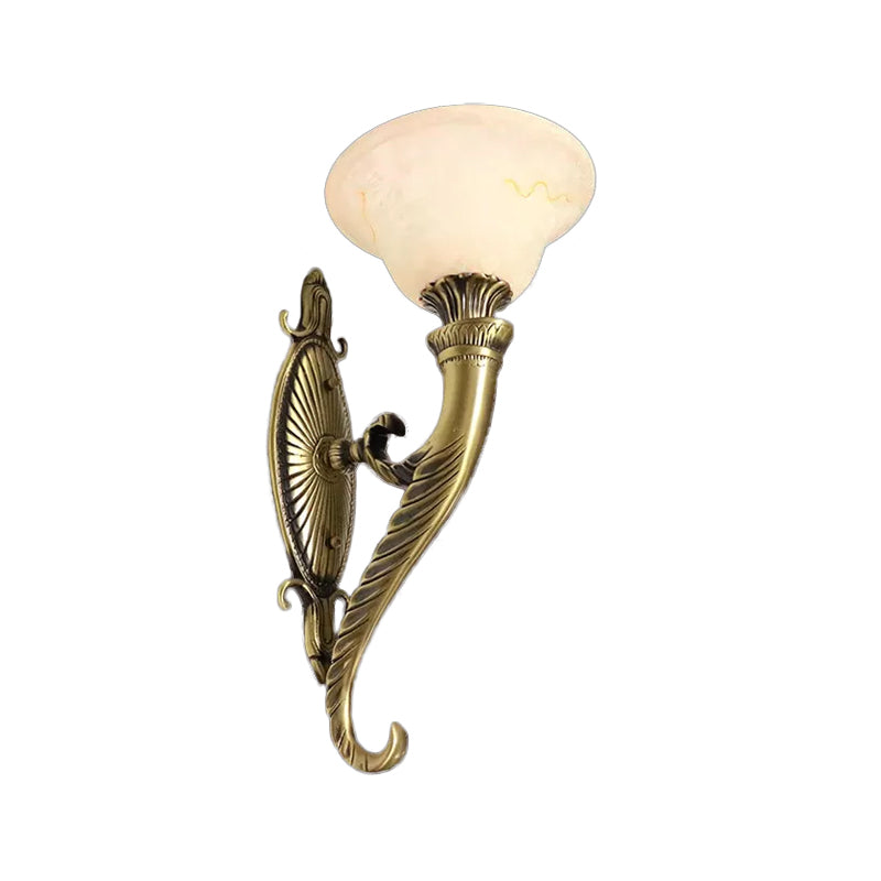 Traditional Bronze Wall Lamp with Scroll Arm, Bell White Glass Shade - Kitchen Light Fixture