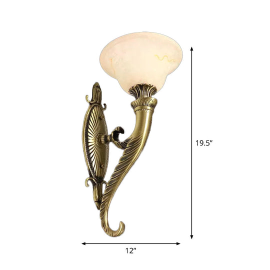 Traditional Bronze Wall Lamp with Scroll Arm, Bell White Glass Shade - Kitchen Light Fixture