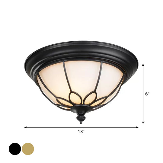 Retro Hemispherical Flush Light with Opal Frosted Glass - LED Flush Mount Ceiling Lamp - 6"/7"/8.5" Sizes - Black/Gold - Cage Guard