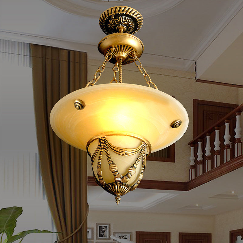 Traditional Brass Inverted Hat Shaped Chandelier - 3-Light, White Glass - Living Room Drop Lamp (12"/16"/19.5" W)