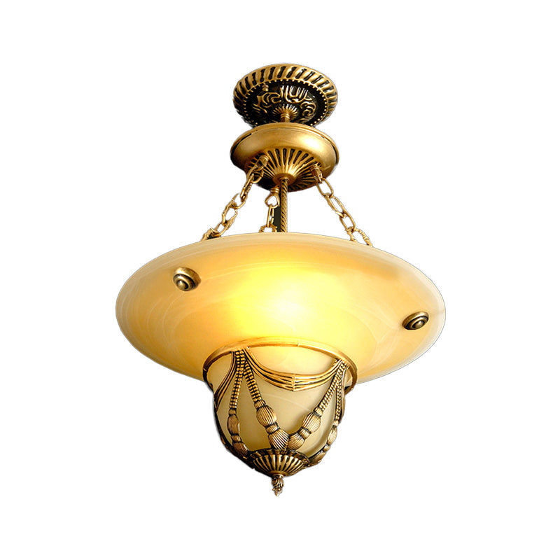 Traditional Brass Inverted Hat Shaped Chandelier - 3-Light, White Glass - Living Room Drop Lamp (12"/16"/19.5" W)