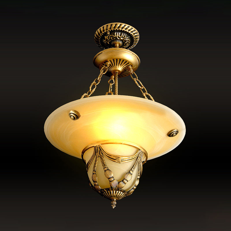 Traditional Brass Inverted Hat Shaped Chandelier - 3-Light, White Glass - Living Room Drop Lamp (12"/16"/19.5" W)